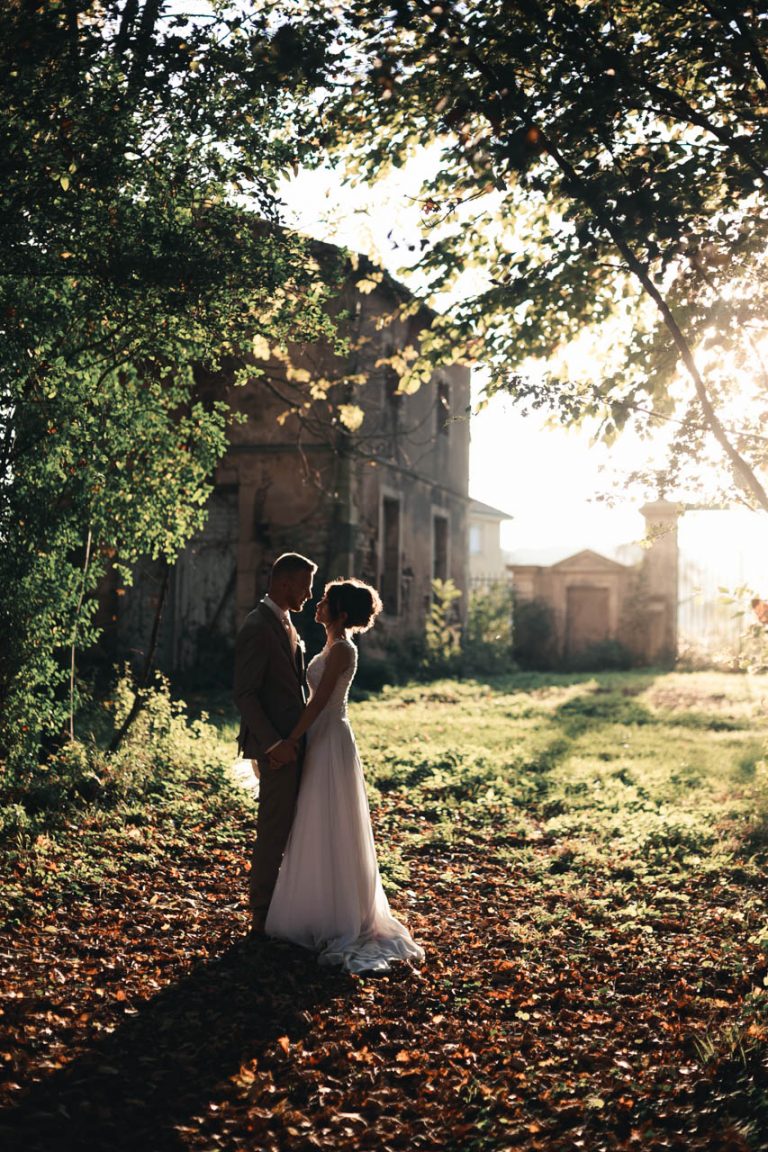 Mariage Automne Couleurs Orange Jaune Mariés Shooting Photo Couple Coucher de soleil